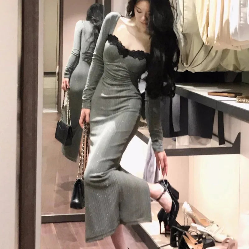 Bodycon Evening Party Dresses Long Sleeve Lace Square Collar Midi Dress High Split Prom Robe Autumn Vestidos New