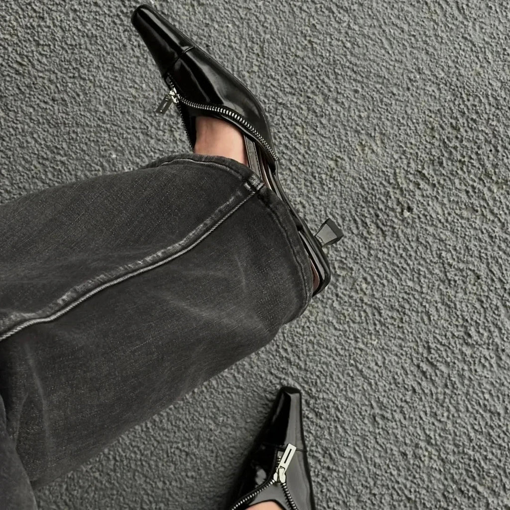 New Designer Pointed Toe Low Heels Mule Shoes Zipper Slingback Sandal Female Party Pumps Fashions High Heels