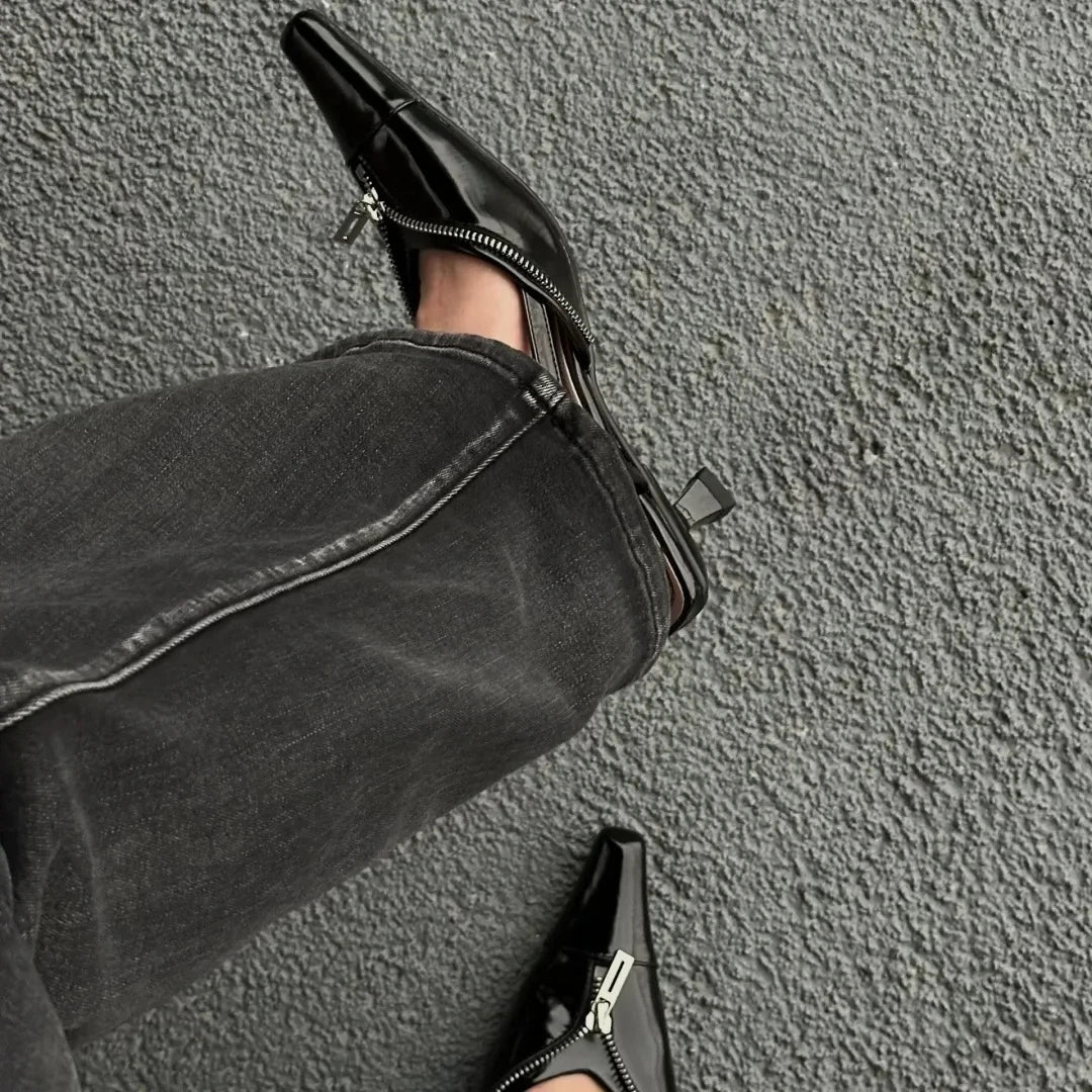 New Designer Pointed Toe Low Heels Mule Shoes Zipper Slingback Sandal Female Party Pumps Fashions High Heels
