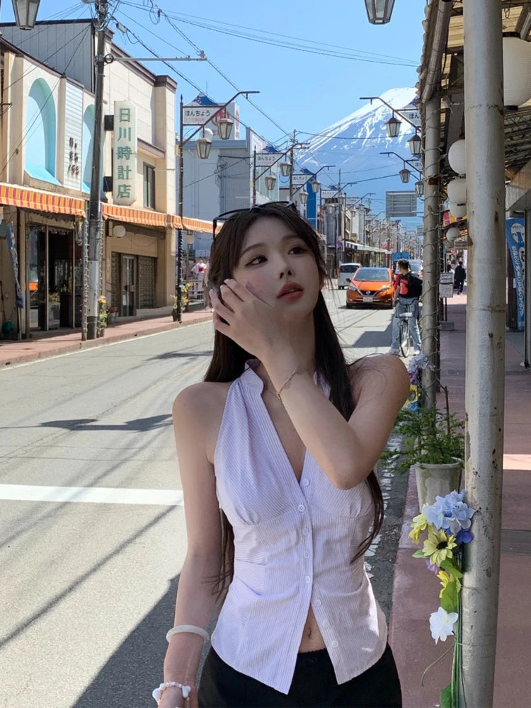 Striped 2 Piece Skirt Set Korean Y2k Crop Top Shirt + Low Waist Short Skirt Blouse Suits 2000s Retro Y2k