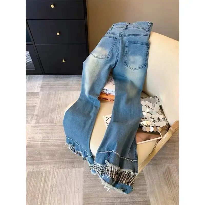 Minimally Designed Micro Flared Jeans Autumn Spring Niche Plaid Splicing Slim Versatile Long Pants