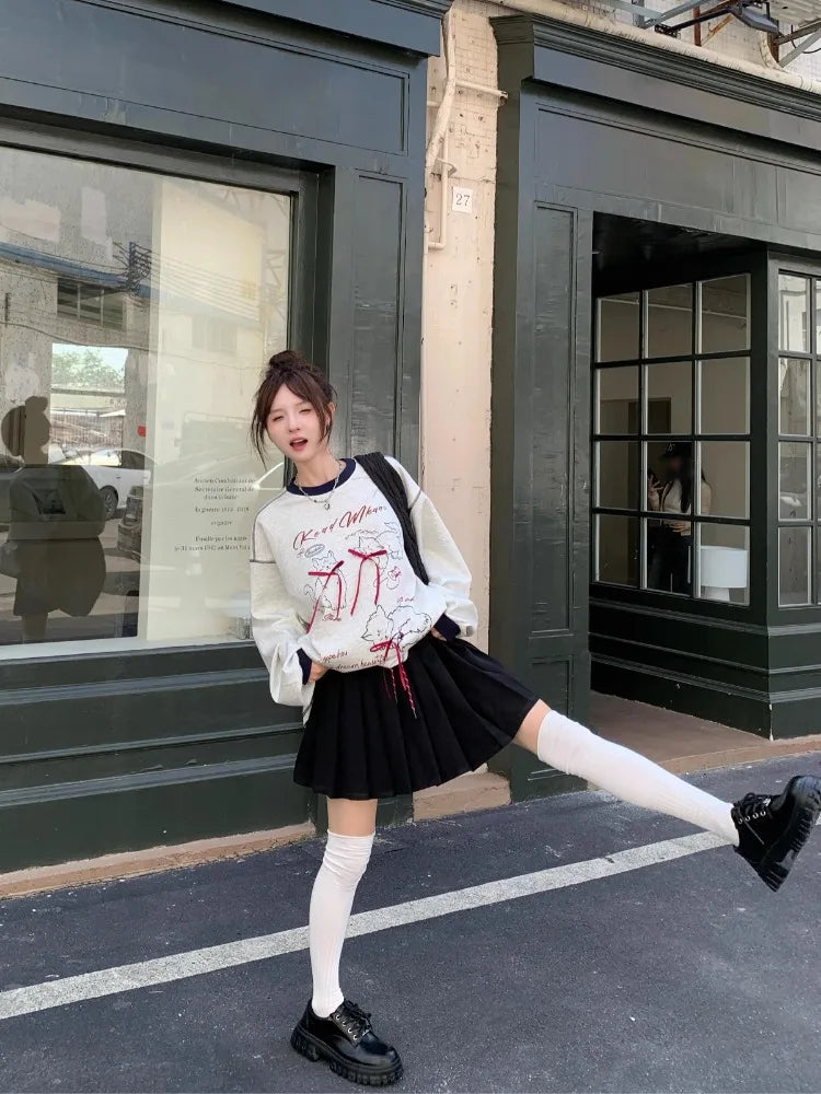 3d Bow Contrast Color Hoodies Round Neck Gray Sweatshirts Autumn Korean Loose Agereducing Cat Print Loose Top