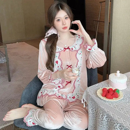 Golden Velvet Pajamas Spring Autumn Long Sleeve Cardigan Long Pants New Chinese Home Two Piece Set