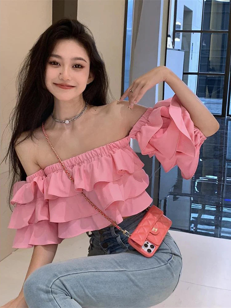 Korean Off Shoulder Woman Blouse Stacked Ruffles Crop Top Shirt Summer Designer Short Sleeve Chiffon New