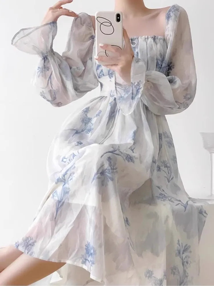 Autumn Printed Midi Dress Lantern Sleeve Square Collar Slim Waist Vestidos Holiday Outfits