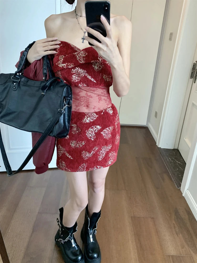 Print Mini Dress Patchwork Transparent Mesh Sheath Strapless Dress Red Party Club Birthday Dress New