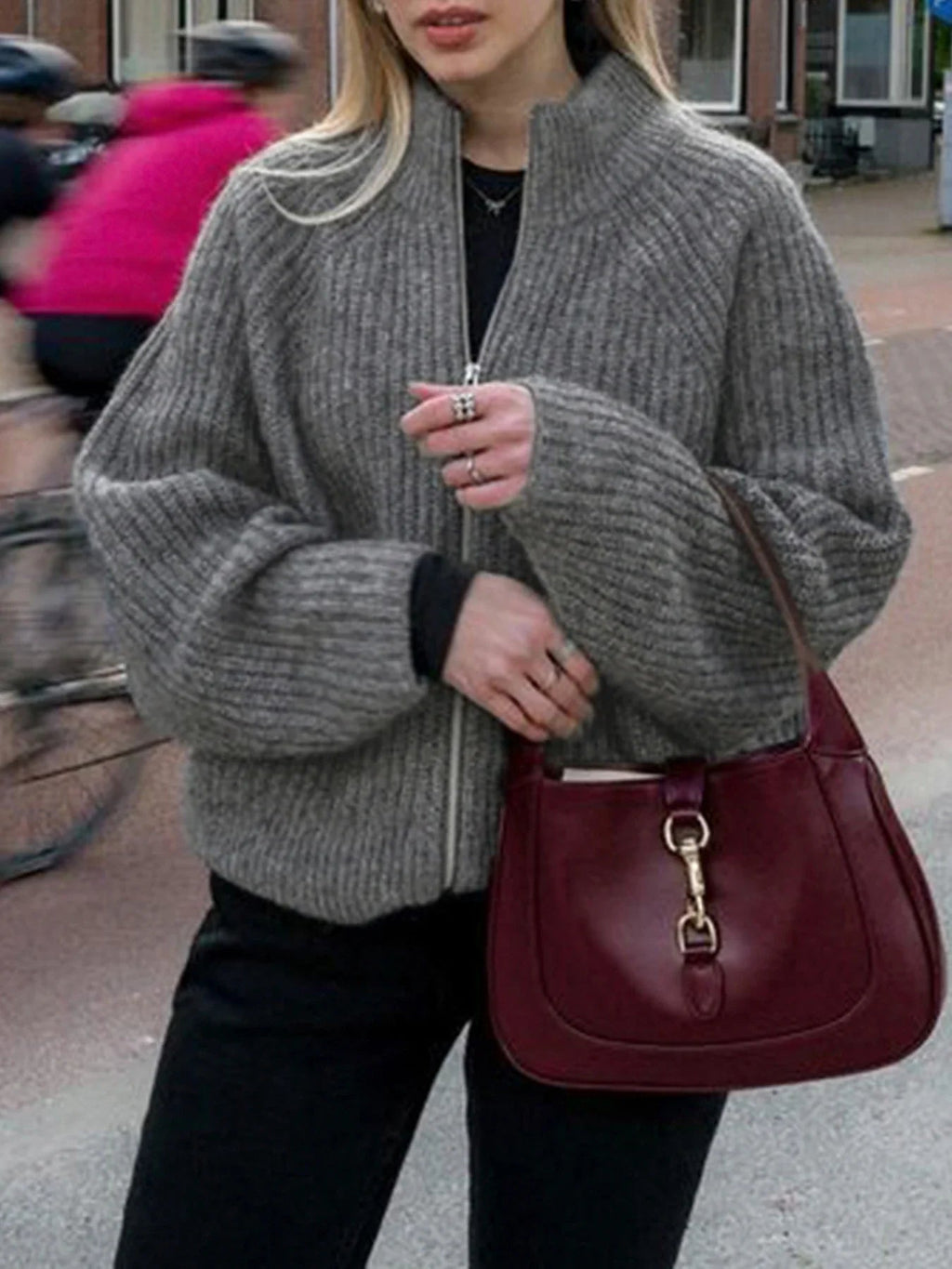 Zipper Knitted Cardigans Slim Turn-down Collar Long Sleeve Sweater Coats Autumn Winter