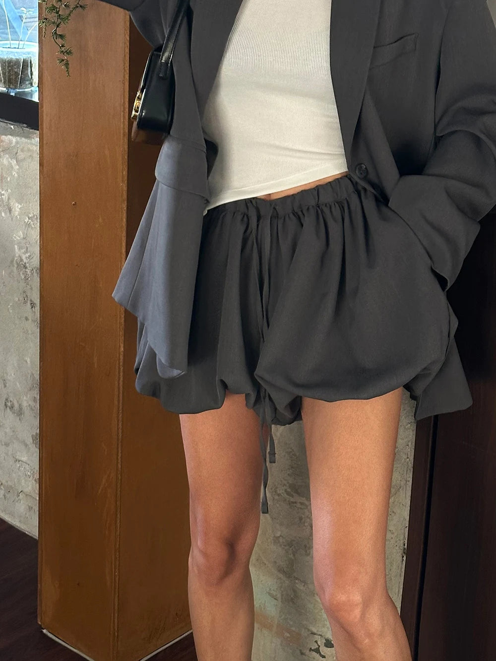 Korean Summer New Style Retro Temperament Drawstring Elastic Fluffy Flower Bud Pants Show Legs Long Shorts