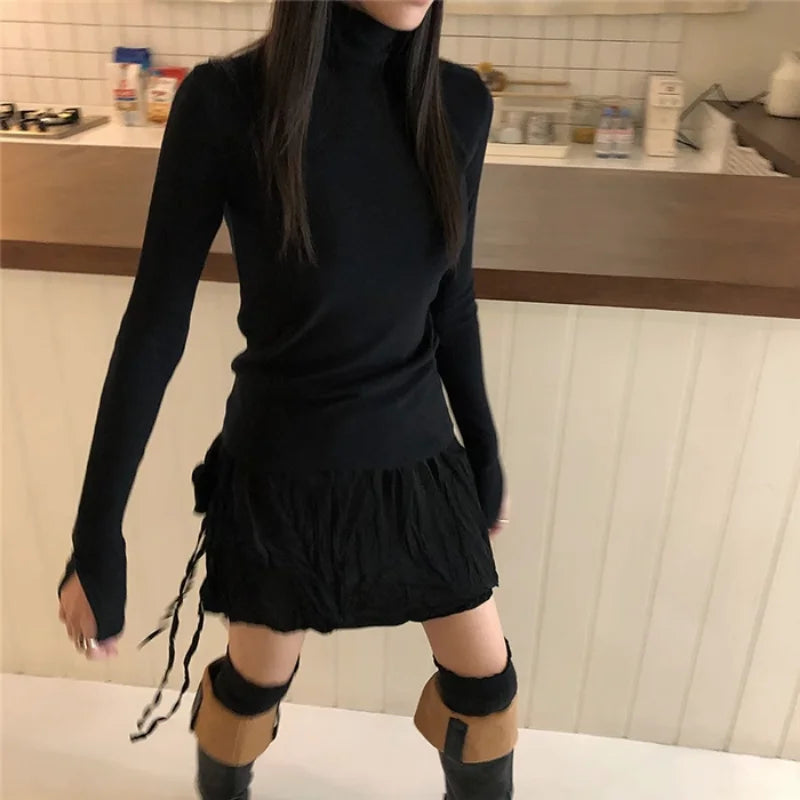 Summer Korean Retro High Street Low Waist Irregular Pleated Lace Up Short Skirt Skirt