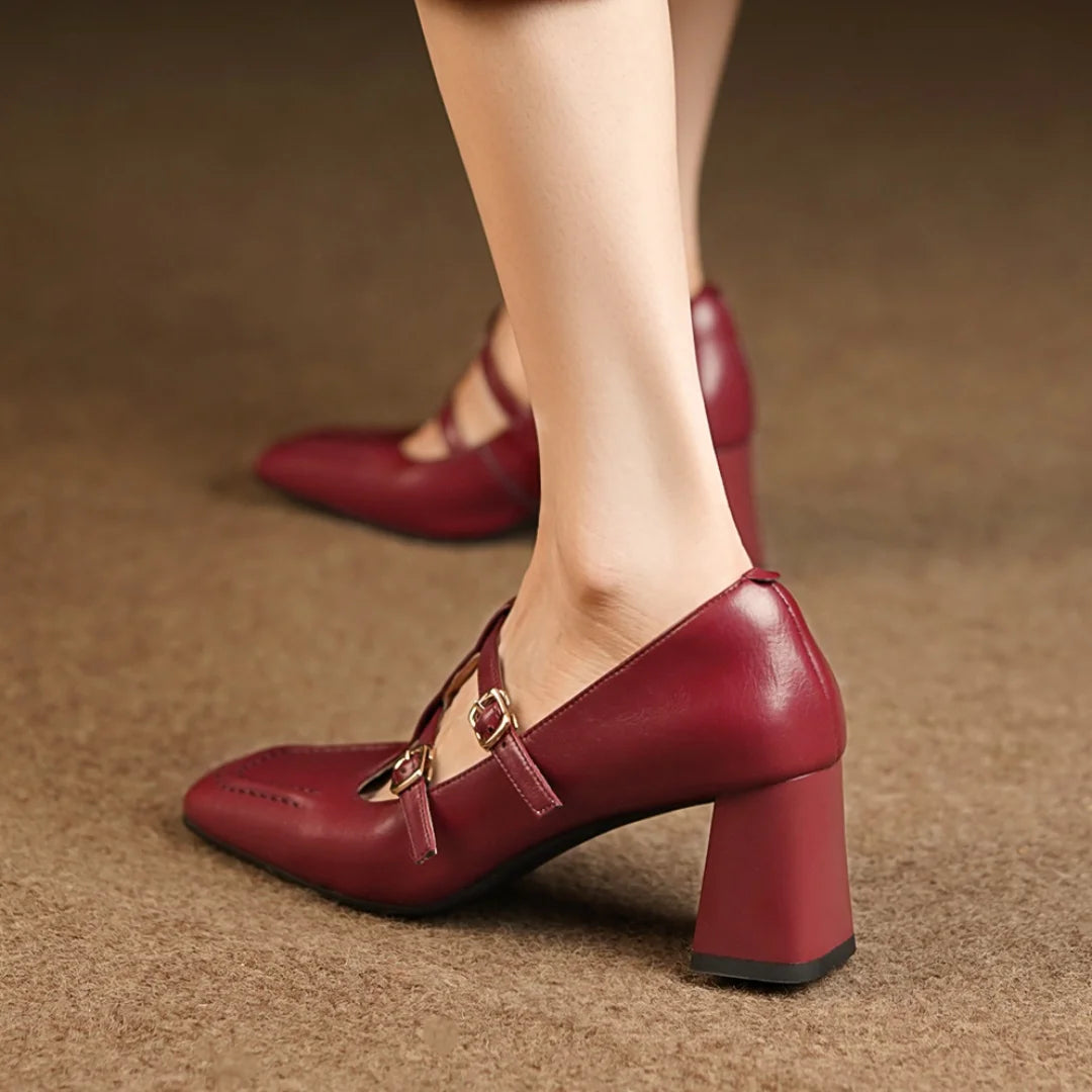 Genuine Leather Double Metal Buckle Tstrap Slipon Pumps 7cm Thick Med Heel Ol Style Daily Heeled Shoes