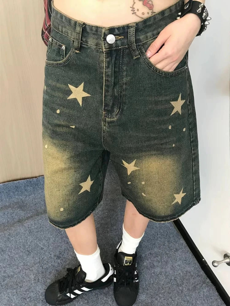 Star Print Denim Jean Shorts Hip Hop Quarter Pants Y2k Oversize Do Old Summer Slouchy Bottoms