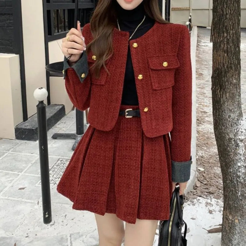 Autumn Winter New Red Tweed Two-piece Skirt Set Short Jacket Coat Pleated Mini Skirt Korean Female Outfits