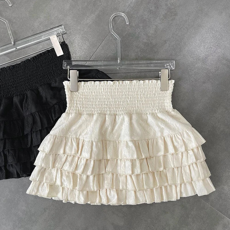 Y2k Ruffles Mini Skirts Sweet Kawaii High Waist Lace a Line Skirt Summer Korean Black Ball Gown Skirts