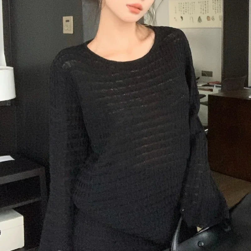 Autumn New Oneck Color All Match Hollow Flare Sleeve Sweater + High Waist Knitted Skirt Twopiece Suit