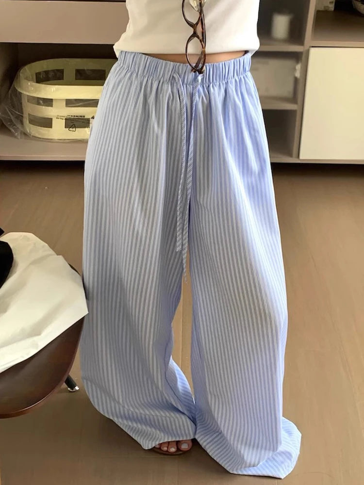 Korean Summer Age Reducing Temperament Elastic Waist Drawstring Loose Versatile Striped Pants Floor