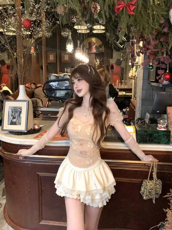 3d Flower Lace Top Lace Up Bubble Sleeves Blouses Summer Bow Waist Wrap Slim Sweet Spicy Girl Short Shirts Tops