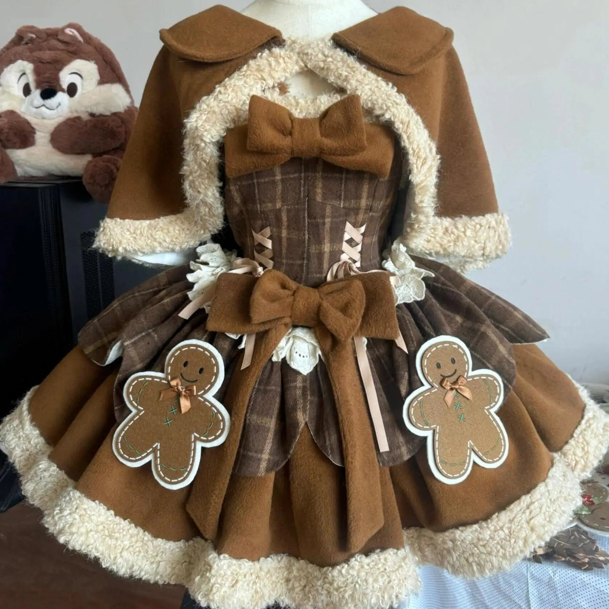 New Sweet Lolita Dress Set for Autumn/winter Spliced Plaid Strap Mini Dress Cloak Coat Two Piece Set Outfits