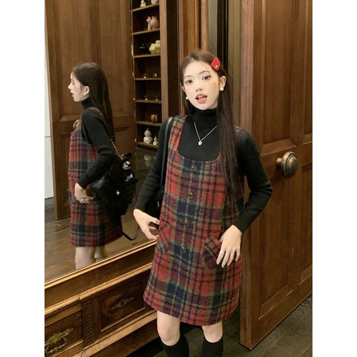 Christmas Red Plaid Strap Dress Female Autumn Winter New Dresses Slimming Sweet Age Reduction Woolen Base Skirt