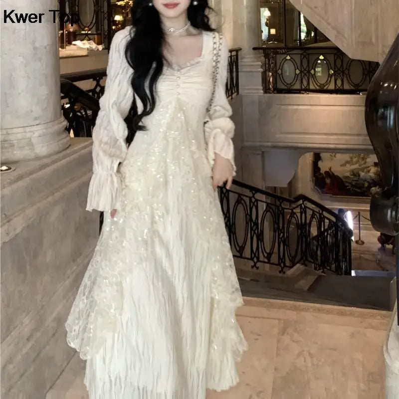 Autumn Winter New Midi Dresses for Lace Ruffles Flare Sleeve Aline Birthday Party Dress Korean Vestidos Mujer