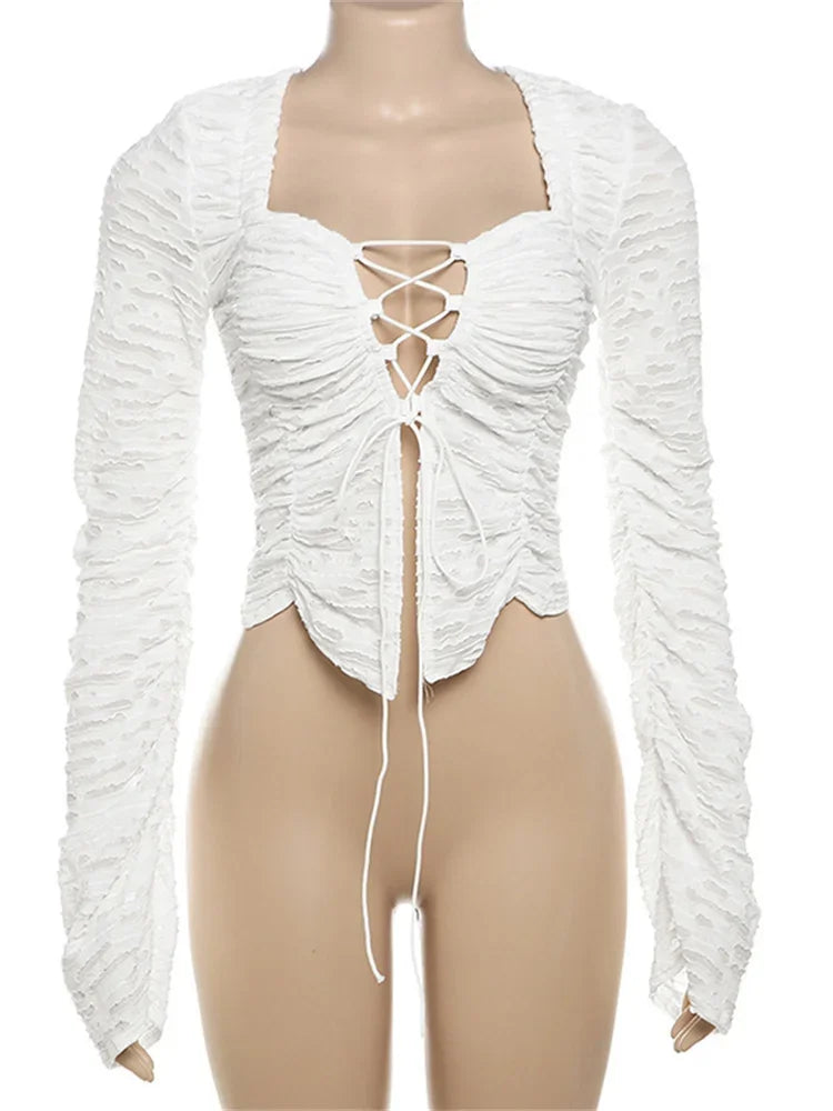 Autumn Ruffled T-shirt Cropped Top Female Hollow Out Lace-up Patchwork Loose Outwear White Bandage Tee Coat