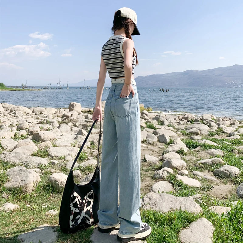 Rugged Waist Design and Feeling Denim New Loose High Waisted Slim Denim Straight Leg Pants Floor Mop Pants