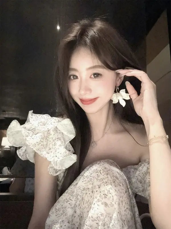 Purple Square Collar Flower Bud Sleeve Dress Summer New Fresh Sweet Fairy Temperament Long Dresses