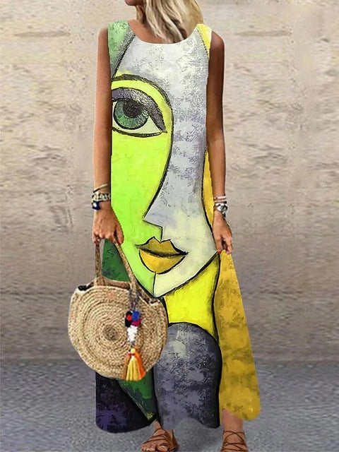 Print Sleeveless Long Dresses Summer O Neck Loose Maxi Dress Temperament Commuting Clothing Vestido Female