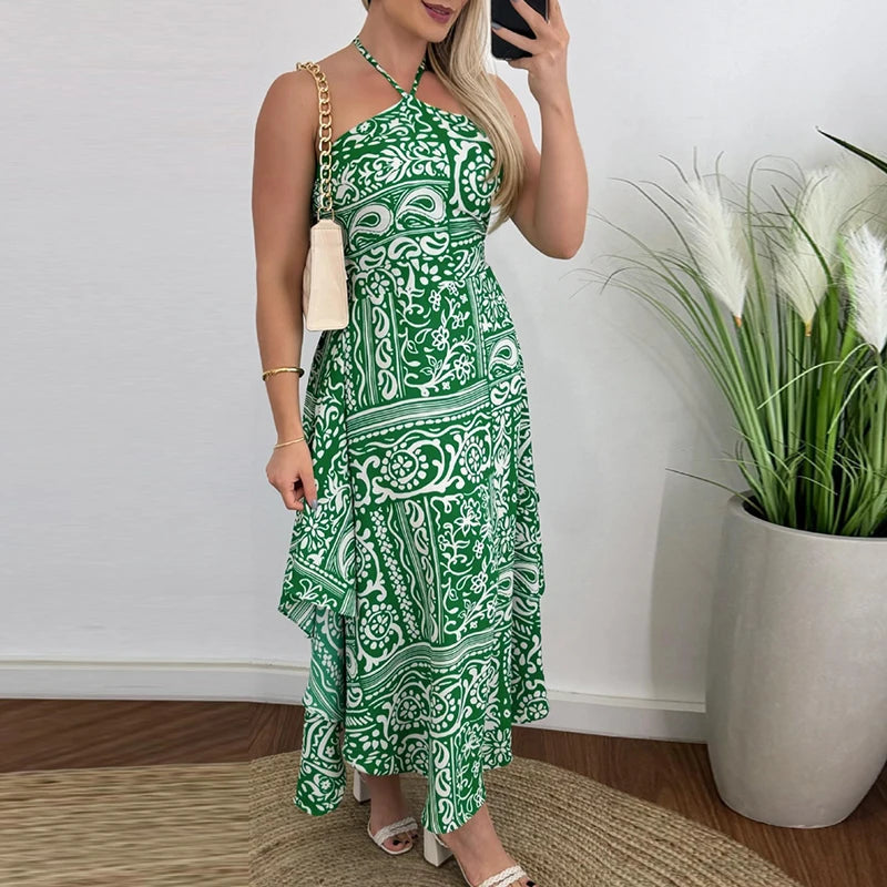 Halter Hollow Sleeveless Holiday Dress New Summer Print Ruffle Long Dress Backless Slim Party Dresses