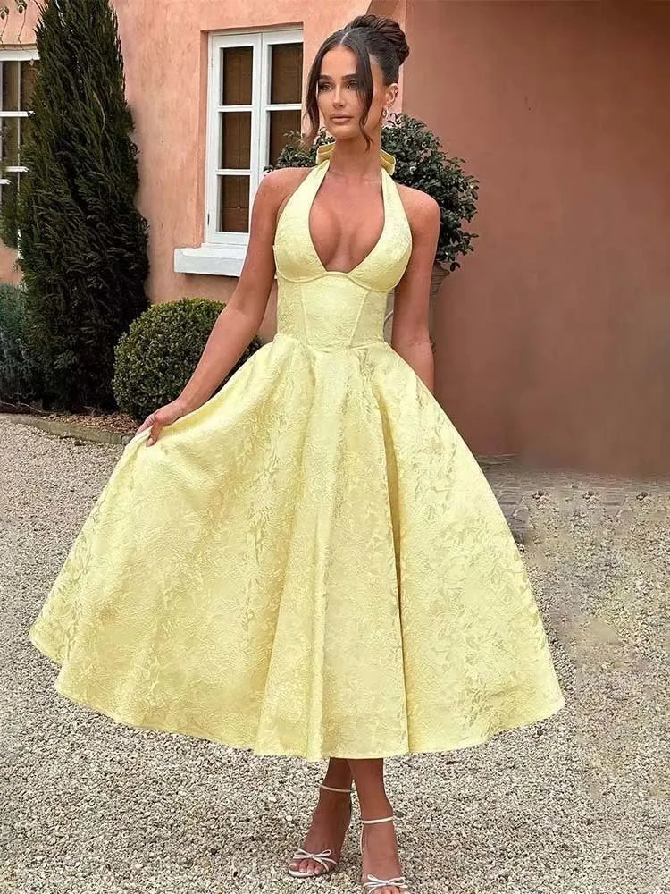 Bow Backless Jacquard a Line Mini Dress