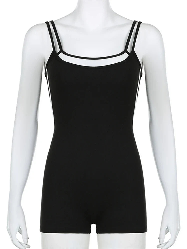 Summer Black Contrast Stitching Fitness Romper for Woman Sleeveless Backless Skinny Playsuit Street Workout Overalls