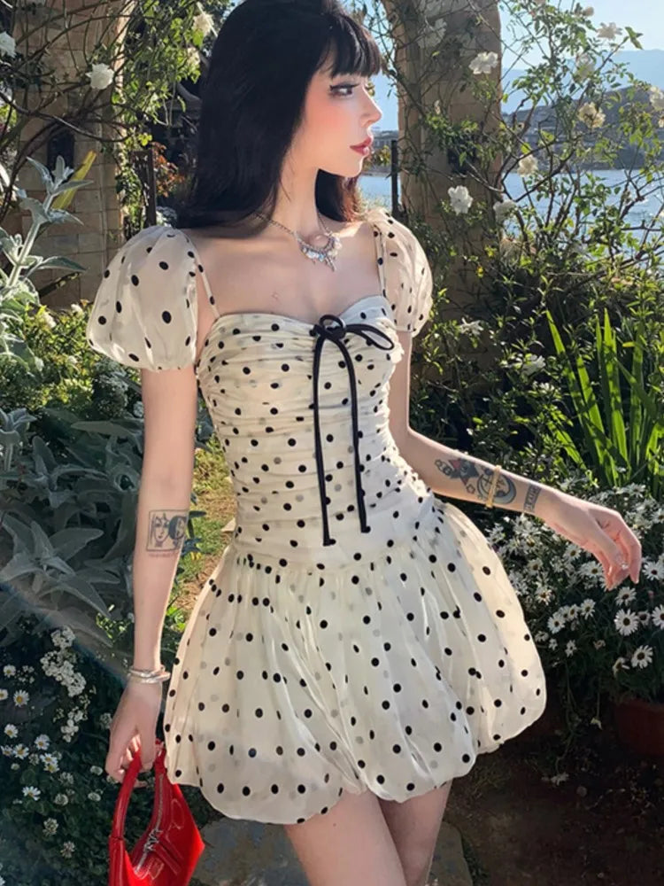 Polka Dot Birthday Party Dress Off Shoulder Puff Sleeve A-line Ball Gown Mini Dresses for Korean One Piece Vestido