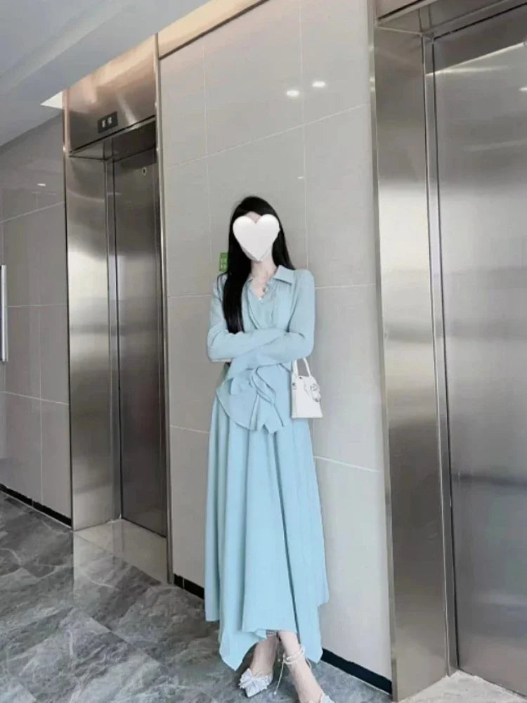 Autumn French Party Chiffon Skirt 2 Piece Set Blouse + Office Lady Fairy Midi Skirt Korean