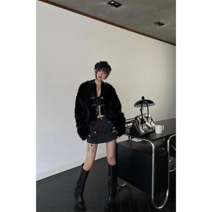 Y2k Cropped Faux Fur Coat Korean Black Quilted Fluffy Jacket Winter Long Sleeve Furry Outerwear New
