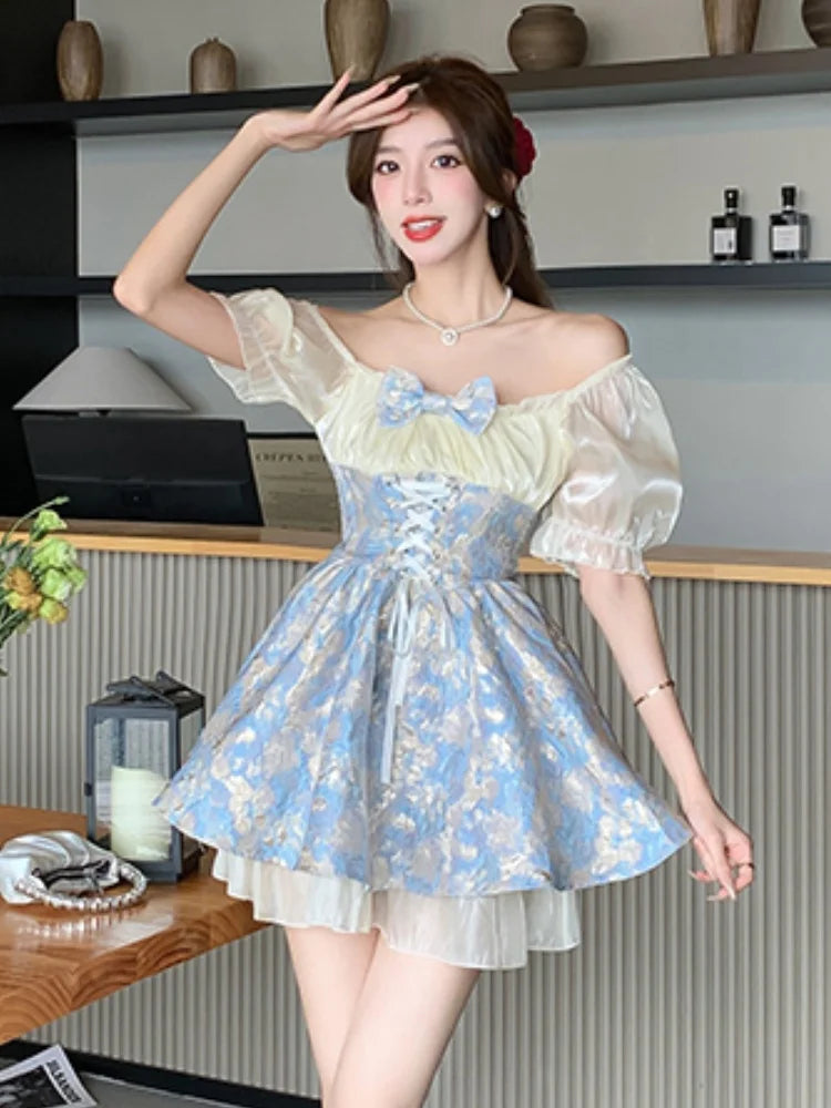 French Sweet Mini Dress for Bow Short Sleeves Laceup Princess Birthday Party Short Dresses Aline Vestidos