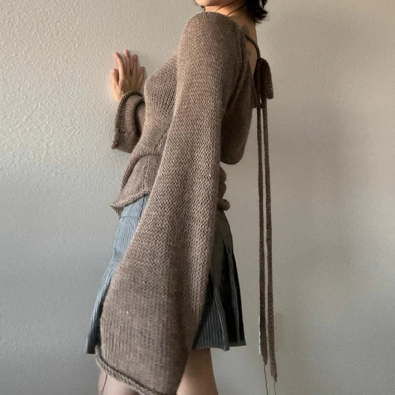 ’s Tie Up Backless Knitted Sweaters Autumn Long Sleeve Boat Neck Pullover Tops Korean Y2k Jumpers T-shirt