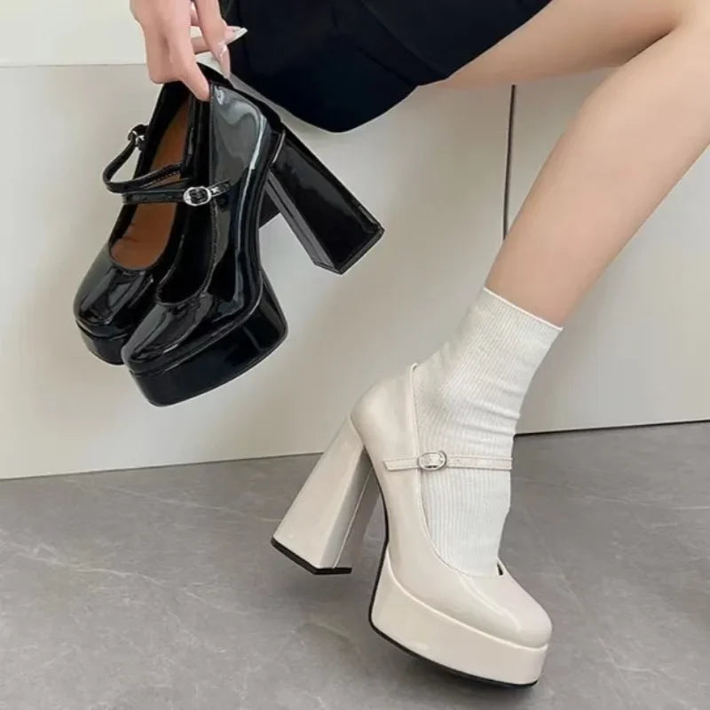 Platform Mary Jane High Heels Chunky Heeled Buckle Strap Color Lolita Shoes Female Sweet Cosplay Pumps