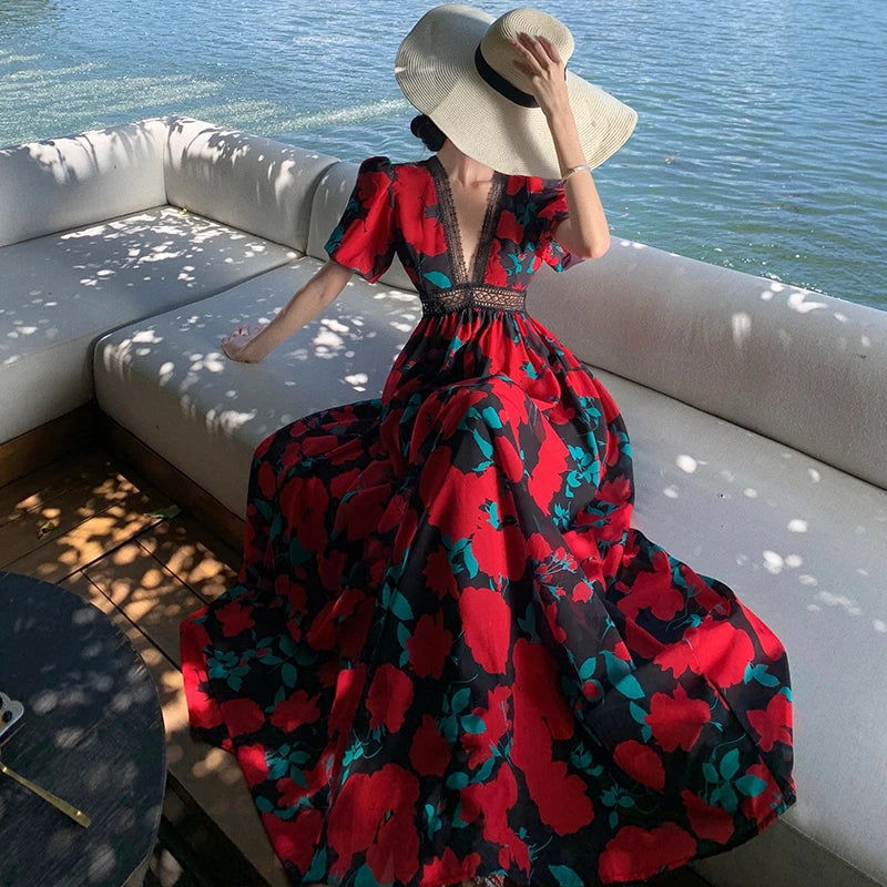 French Lace Retro Long Dresses for Print Puff Sleeve Vneck High Waist Dress Loose Oversize Beach Vestidos