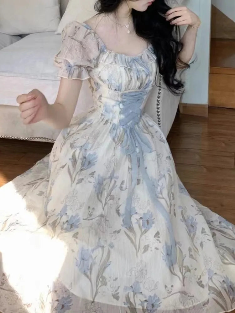 Summer Print Midi Dress Aline Party Prom Vestidos Female French Style Robe Vestidos