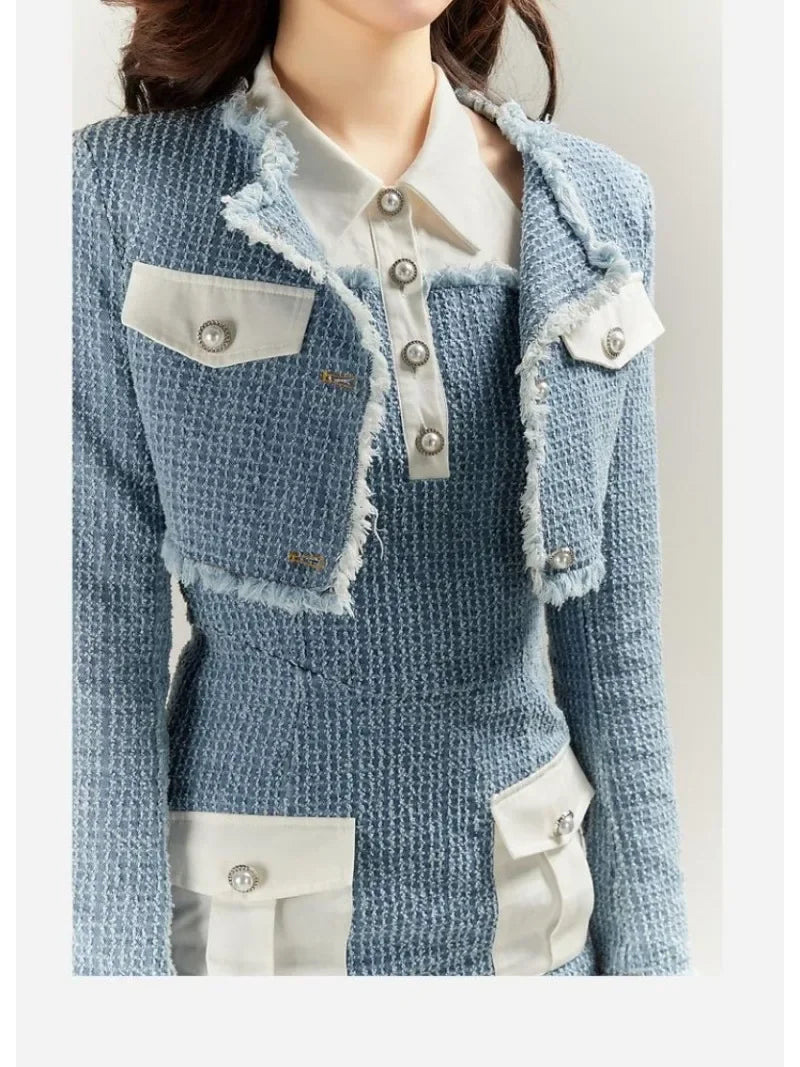Sweet Hot Girl Denim Suit Autumn and Winter Short Coat Sleeveless Wrap Hip Dress Twopiece Set Female Clothes