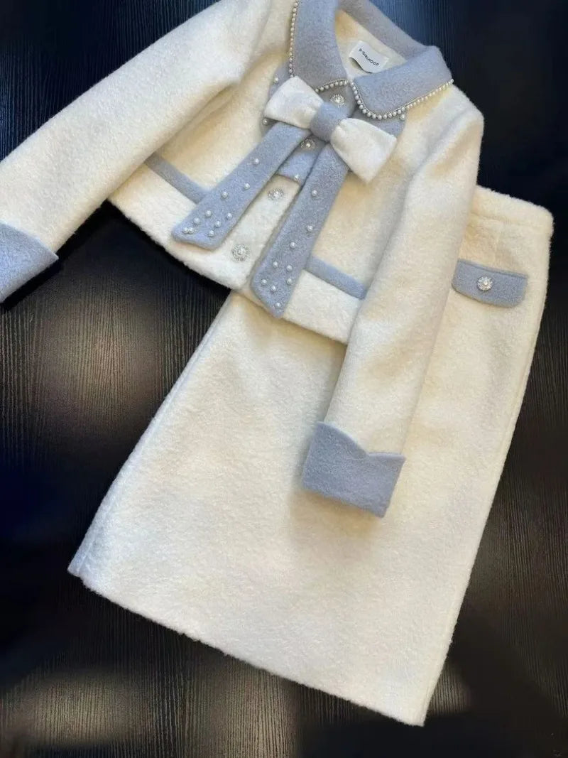 Sweet Hot Girl Suit Autumn/winter Bow Beaded Longsleeved Coat High Waisted Aline Skirt Twopiece Set Female Clothes