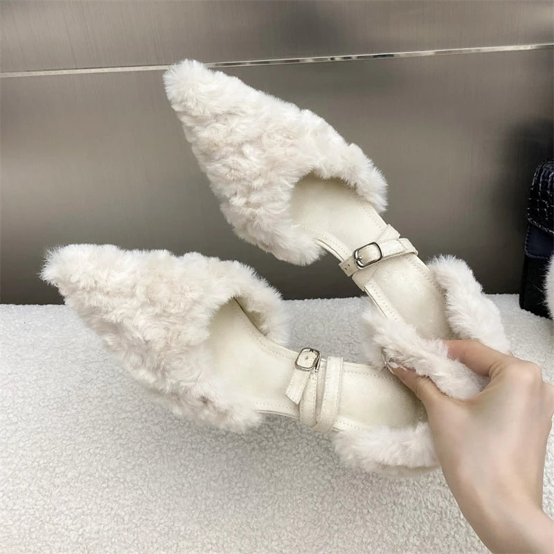 Faux Fur Fluffy Pumps Street Style Pointed Toe Thin High Heels Shoes Party Prom Zapatos De Mujer