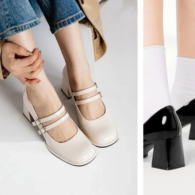 Mary Jane Shoes Square Toe High Heels Buckle Single Shoes Shallow Mouth Designer Party Dress Shoes