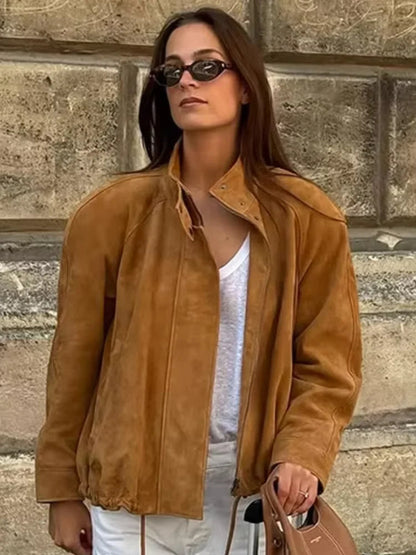 Long Sleeve Stand Collar Female Coats Suede Zipper Jacket for Autumn New Lady Pockets Outerwear Street