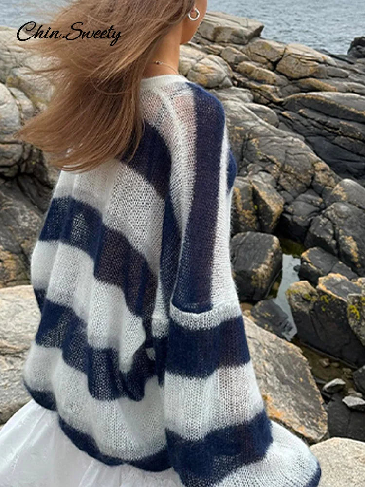 Loose Mohair Striped V-neck Cardigan With Scarf Lantern Sleeve Single Breasted Knitwear Lady New