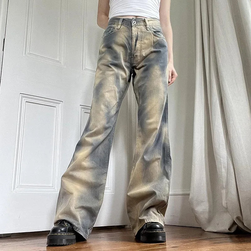 Gradient Color Jeans Loose Washed Y2k Wide Leg Pant High Street Straight Denim Trousers
