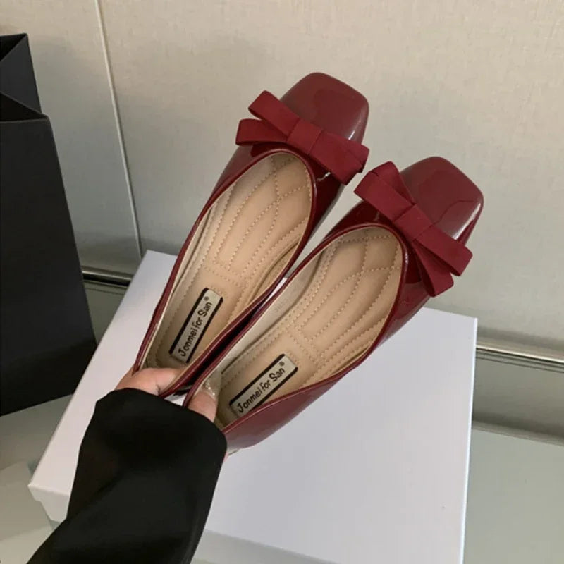 New Mary Jane Shoes Square Toe Flats Shallow Dress Shoe Butterfly Knot Patent Leather Soft Soled Ballet Shoes