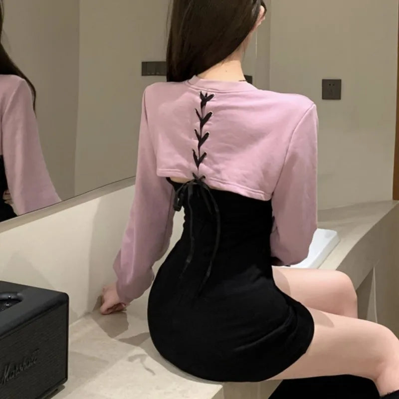 Patchwork Mini Dresses Long Sleeve Bodycon Lace-up Hollow Out Y2k Club Party Dress Korean Autumn New Vestidos
