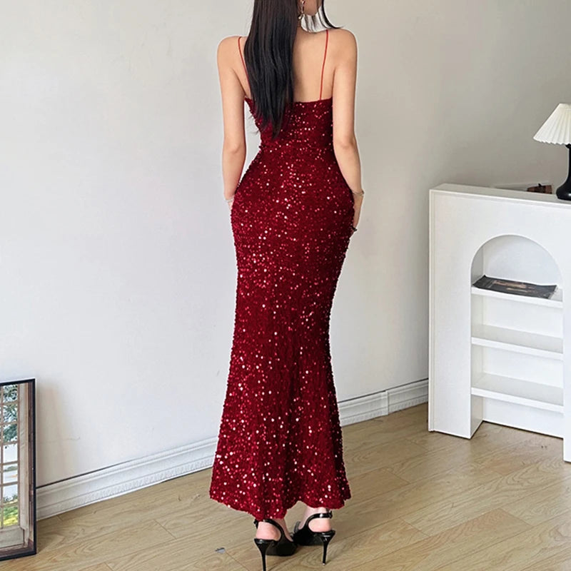 Sequined Velvet Mermaid Long Dress Party Evening Clubwear Korean Style Vneck Sleeveless Maxi Dresses New