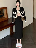 Small Fragrance Tweed Skirts Sets O Neck Patchwork Short Cardigans Jacket Long Skirt Korean Two Piece Set Female Outfits