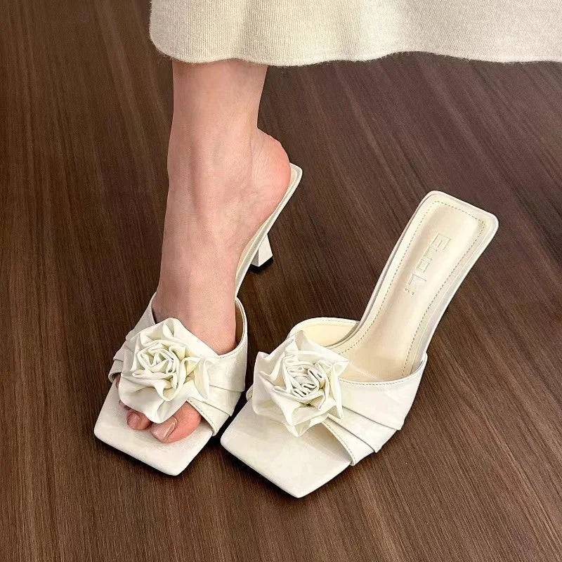 Shoes Woman Low Loafers Female Slippers Mules Cover Toe Slides Flower New Designer Pointed Fabric Rubbe